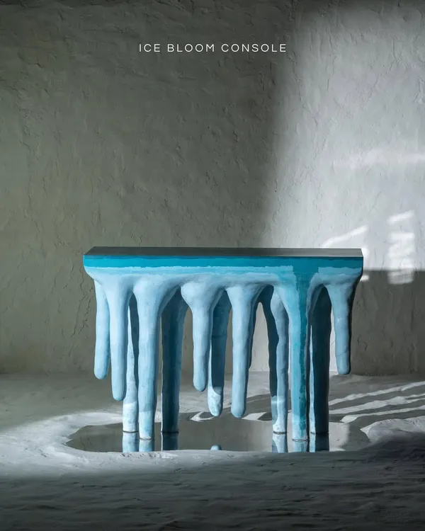 Inspired by a trip to the mountains, this Ice Bloom console captures the raw, delicate beauty of icicles clinging to a cliff. We spent months perfecting the ombre effect and the organic flow of the concrete, creating a statement piece that brings the stillness of nature into your space.