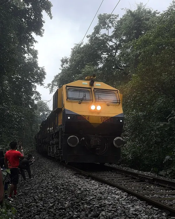 The iconic railway track trek to Dudhsagar. A train passes by as trekkers walk along the tracks through the dense forest, a unique part of this adventure.