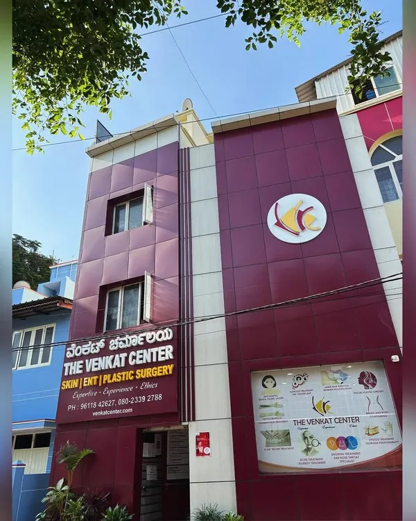 An exterior view of The Venkat Center in Bangalore, a state-of-the-art institute for dermatology, plastic surgery, and hair restoration.