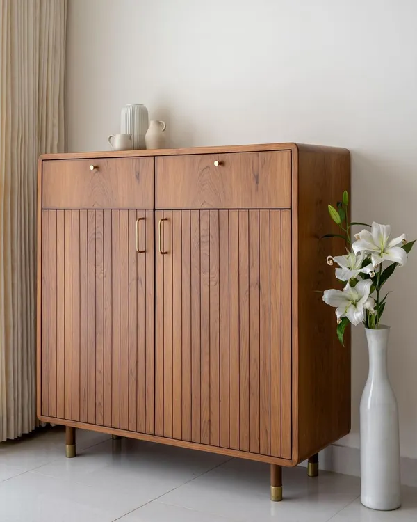 This multipurpose unit from our 'Marshall' collection features our signature curved edges, brass-clad legs, and fluted shutters. It can serve as a crockery cabinet, a bar, or a stylish storage piece in any room.