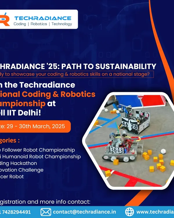 The official announcement for Techradiance '25: Path to Sustainability. Join us at ECell IIT Delhi for our National Coding & Robotics Championship, featuring categories like Line Follower, Mini Humanoid, and more.
