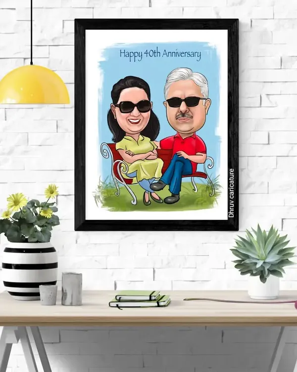 A beautiful framed caricature I created to celebrate a 40th wedding anniversary. This kind of personalized artwork makes for a truly memorable gift, capturing a couple's unique bond in a fun and loving way.