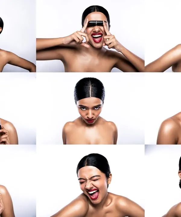 A mood board from a beauty editorial, showing the versatility and playful energy we can create for a cosmetics campaign. Each expression tells a different story.