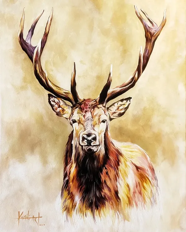 A portrait of a majestic deer, looking directly at the viewer. Painted with acrylic on a 2 by 3 feet canvas, the focus is on its powerful antlers and intense gaze, set against a soft, warm background.
