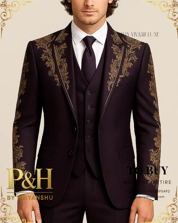 A close-up of my dark purple three-piece suit, showcasing the magnificent golden hand-embroidery that adorns the lapels and shoulders, creating a look of pure opulence.