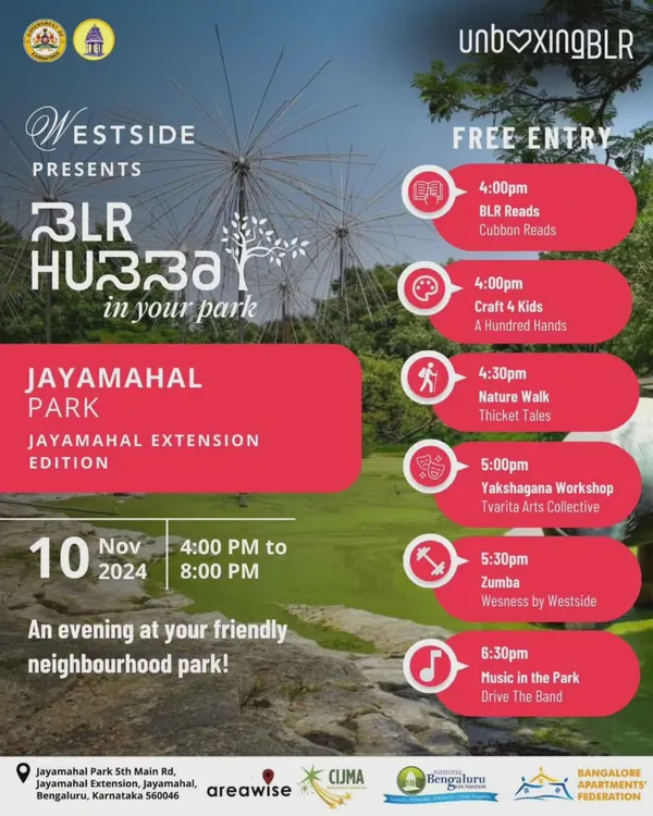 We often partner with city-wide initiatives like BLR Hubba to bring craft to the people. This poster announces an event at Jayamahal Park, featuring our 'Craft 4 Kids' workshop alongside music, dance, and nature walks.