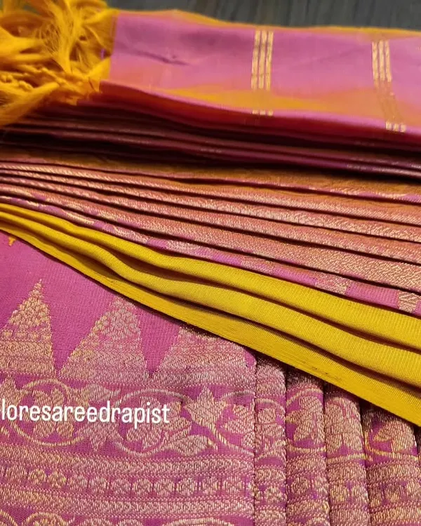 This is an example of my pre-pleated saree service. I meticulously prepare the pleats and fold the saree so it is ready to wear, which is a perfect solution for clients with busy schedules or those traveling for a wedding.