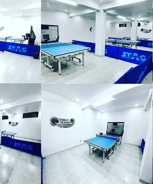Welcome to our academy. This collage shows you our entire setup, featuring multiple international-grade STAG tables in a clean, well-lit, and fully sanitized space. We have everything you need for a great game, whether you're here for serious practice or just a fun match.