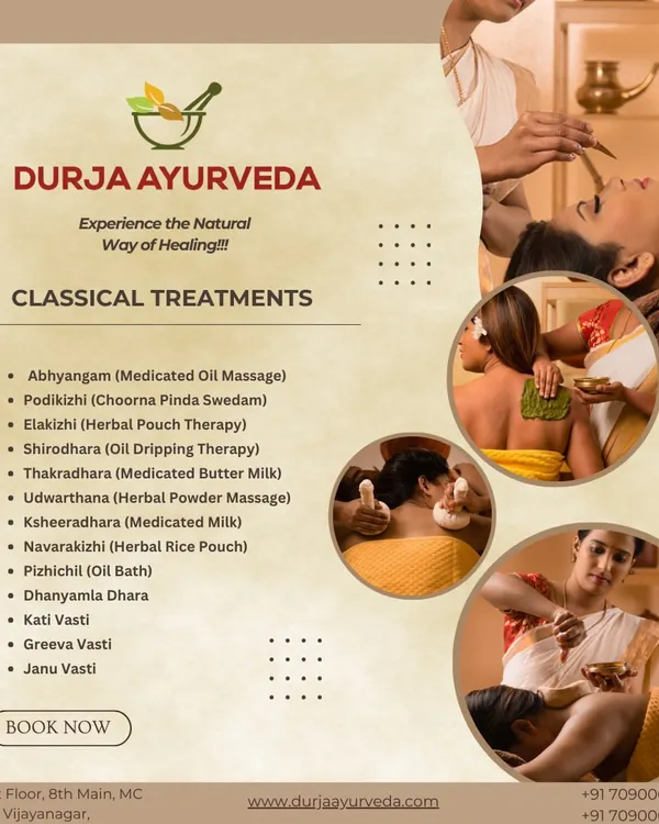 This graphic provides a comprehensive list of the classical Ayurvedic treatments we offer. It includes everything from Abhyangam and Shirodhara to specialized Vasti therapies for targeted relief.