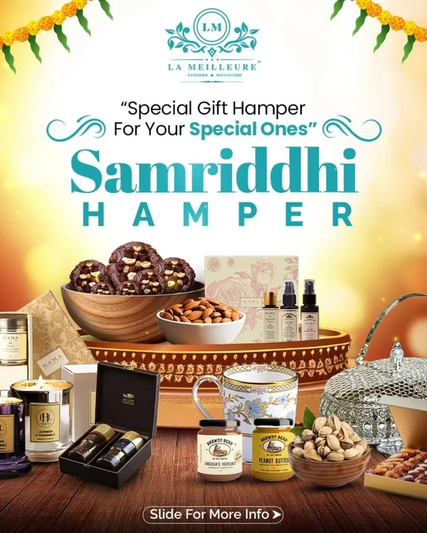 The 'Samriddhi Hamper', our most luxurious festive offering. It's a grand gesture packed with an extensive selection of our finest bakes, premium teas, coffees, and elegant decor items for a truly special celebration.