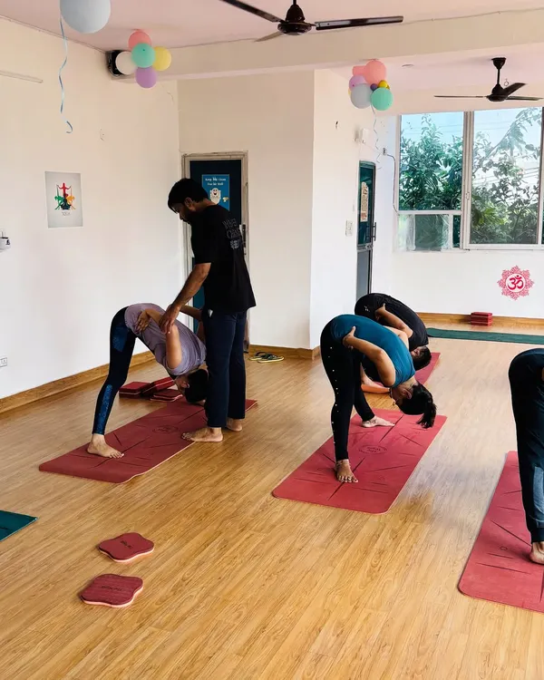 Providing a gentle adjustment in a forward fold. This helps the student release tension in the lower back and deepen the stretch in the hamstrings safely.