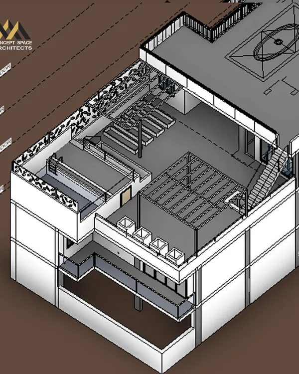An isometric 3D model of a residential bungalow. This technical drawing shows the layout of the terrace, including a garden, swimming pool, and pergola, demonstrating our detailed planning for functional outdoor spaces.