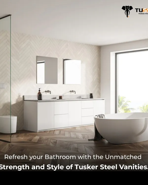 We design our steel bathroom vanities to bring both strength and style to your space. This modern, all-white double vanity features clean lines and a durable countertop, set in a bright, contemporary bathroom. It is 100% waterproof and rust-free, making it a perfect, long-lasting solution for damp environments.