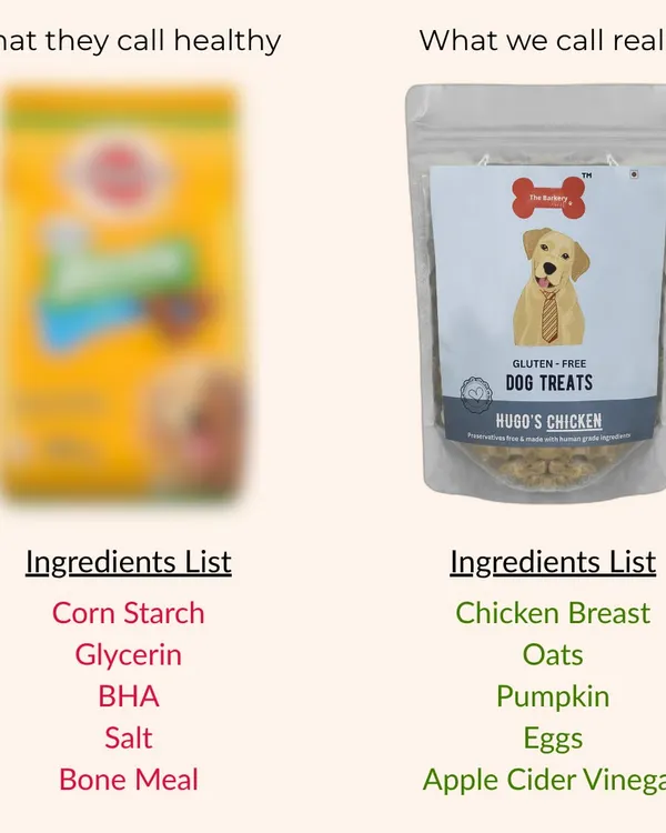 This image perfectly shows what I stand for. On the left, you see what many brands call healthy, with a long list of fillers and chemicals. On the right, you see my promise: real, human-grade ingredients like chicken breast, oats, and pumpkin. I believe in full transparency because your pet deserves food that truly loves them back.