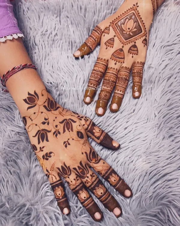 A beautiful and simple lotus vine design for Diwali. This minimalist style is perfect for someone who wants a touch of henna without full coverage.
