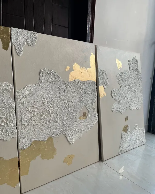 A set of four 3ft x 2ft canvases commissioned for a Mumbai residence. I used a combination of heavy texture and 24ct gold leaf for a rustic yet luxurious feel.