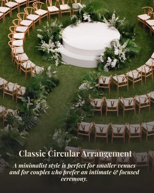 An infographic showcasing a classic circular seating arrangement for a ceremony. This minimalist style is perfect for creating an intimate and focused atmosphere, ensuring all guests feel close to the main event.