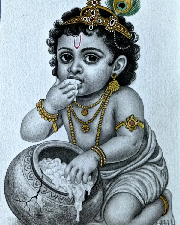 A detailed pencil sketch of Bal Krishna enjoying his favorite makhan. I focused on his joyful expression and the texture of the butter overflowing from the pot. The gold jewelry is highlighted with color to contrast with the black and white shading.