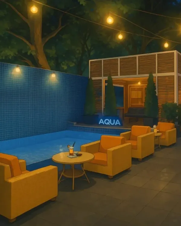 Step into my Ghibli Dream. The poolside at Aqua at night, with glowing lights and cozy seating, feels like a scene from a storybook.