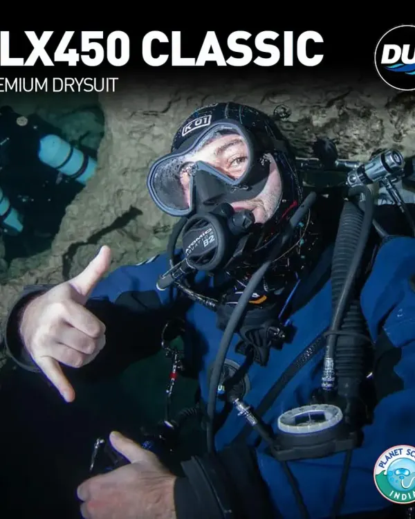 A diver explores a cave system, fully equipped with our DUI CLX450 Classic premium drysuit. This gear is built for the most demanding underwater environments, providing unmatched durability and thermal protection for technical and cold-water exploration.