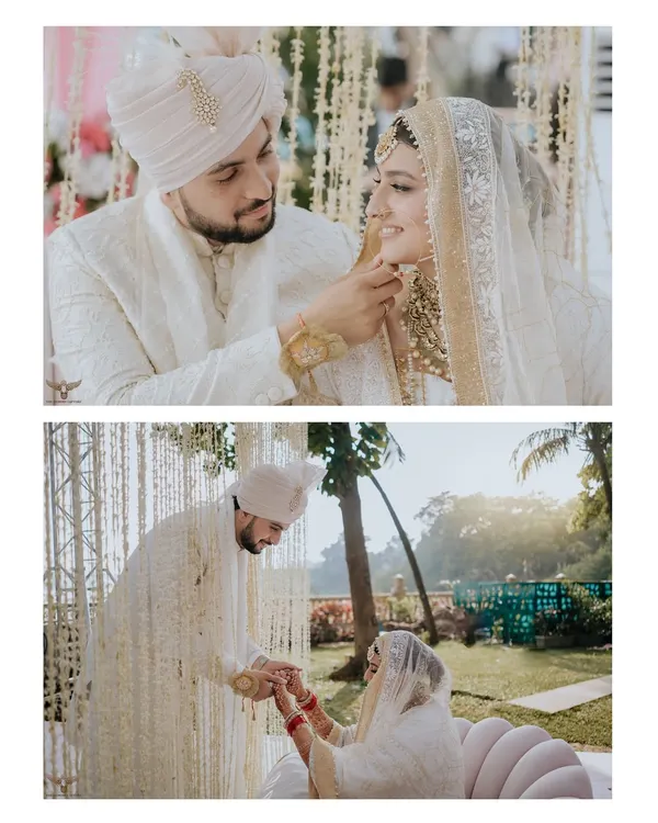 A diptych of tender moments from a Nikaah ceremony. It captures the groom's gentle touch and the couple's shared glance, highlighting the quiet intimacy of the rituals.