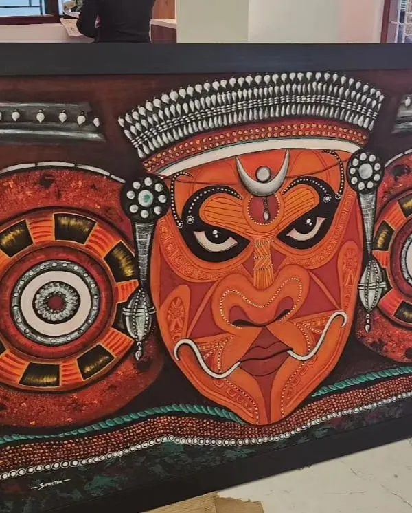 This is the hero piece. A powerful Theyyam mural, captured in its final framed form. The intense colors and fierce expression represent the divine energy I strive to bring into my art, a piece of my Keralite soul for your home.