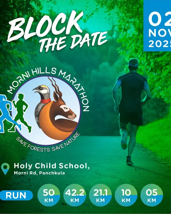 Block your date for the 7th Morni Hills Marathon. This poster announces the official date and the various challenging distances available.