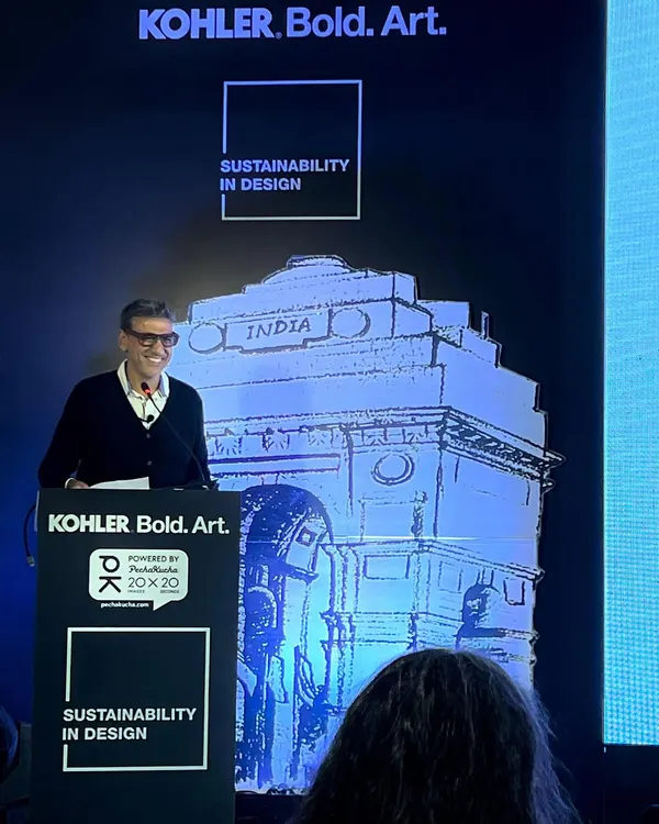 Our principal, Amit Arora, speaking at Kohler's PechaKucha event on "Sustainability in Design." He shared our firm's philosophy that every design choice, big or small, creates a ripple effect, and that responsible choices can transform design and enhance functionality.