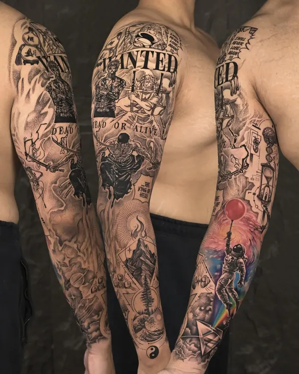 This full sleeve, a 35-hour project, is a client's "Journey Through Determination." It weaves together elements from anime, realism, and personal symbolism to create a single, breathtaking narrative that covers the entire arm.