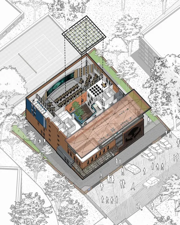 An exploded axonometric drawing of the Nirbhaya Centre. This diagram shows how we organized the different functions, including the command center and counseling spaces, around a central, light-filled atrium.