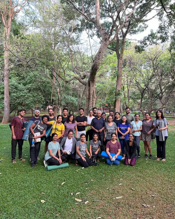 This is our community after an impromptu yoga session in Cubbon Park. It was wonderful to practice outdoors with old students, new faces, and our regular members all together.