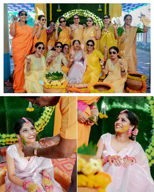 A collage from a fun-filled Haldi ceremony, showing the bride tribe having a blast and the bride getting lovingly smeared with turmeric.