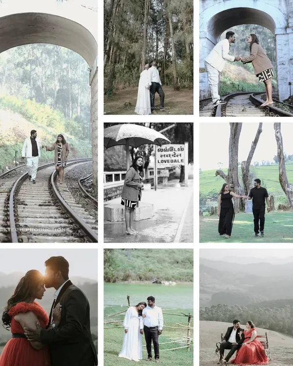 A beautiful collage summarizing a pre-wedding shoot in Ooty, showcasing various romantic moments from different locations like the pine forests, railway tracks, and scenic hills.