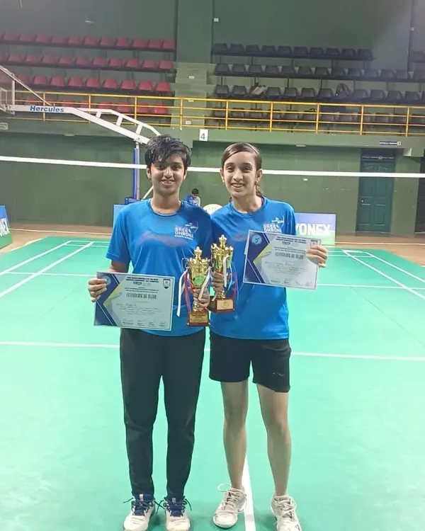 Our U17 girls doubles team, Navya and Sanjana, proudly holding their trophies after reaching the semi-finals at the Karnataka State Sub Junior Championship.