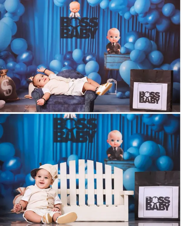 A fun "Boss Baby" themed photoshoot for a little one's milestone. This collage shows two poses from the session, complete with a suit, balloons, and a playful attitude.