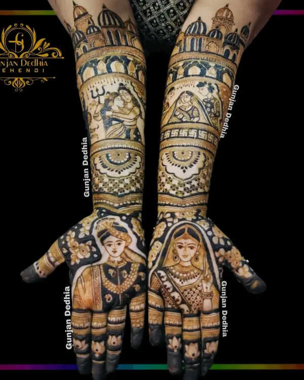A complete bridal mehendi telling a grand story. This design includes portraits of the bride and groom, scenes with Shiv and Parvati, and architectural elements, all flowing together across both arms.