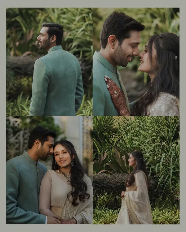 A four-panel collage capturing different moments from an engagement session, including candid embraces, individual portraits, and romantic gazes, all set in a lush green environment.