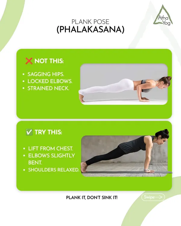 Let's perfect your Plank Pose (Phalakasana). Avoid sagging hips and a strained neck. Instead, lift from the chest with relaxed shoulders to build true core strength.