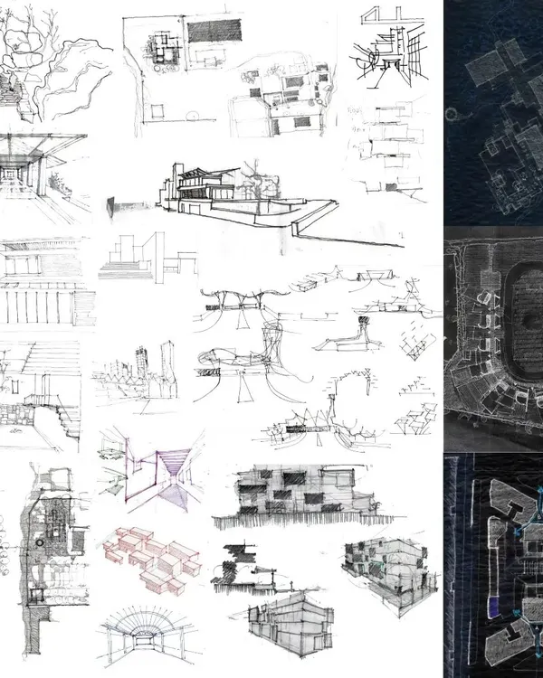 The journey of every project begins with an idea, captured through hand-drawn sketches. This collage shows the initial conceptual explorations for various projects, from large-scale master plans to detailed architectural forms.