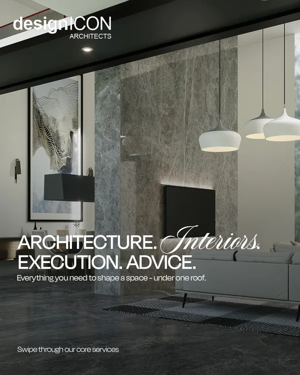 We offer everything you need to shape a space under one roof. This image of a modern living room represents our core services: Architecture, Interiors, Execution, and Advice, delivering a complete design-build solution.