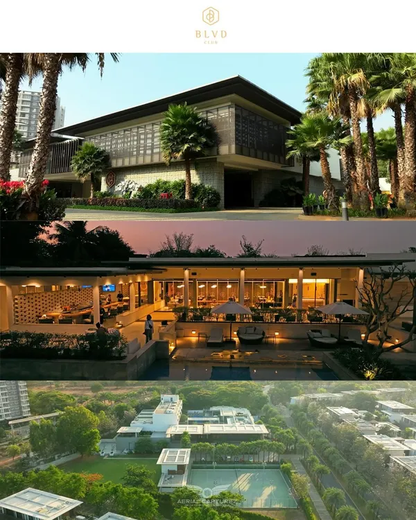 A collage of the BLVD CLUB, featuring day and night shots of the clubhouse, pool area, and a wide aerial view of the entire property.