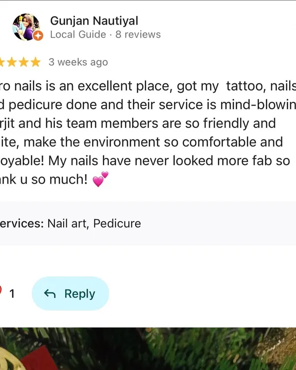 We love it when our clients feel comfortable and happy. This review highlights our friendly team and mind-blowing service, mentioning that her nails have never looked more fabulous.