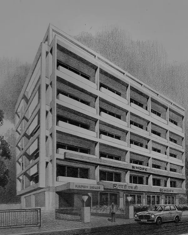 An architectural sketch of Ramon House, where HDFC Limited began. This was my first time doing architectural rendering, and the challenge was to recreate the vintage look of the 1990s.