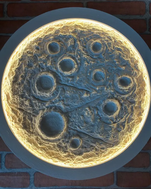 A stunning, handcrafted moon lamp with a textured surface and backlighting. In my workshops, you can learn to create your own glowing moon masterpiece to add a magical touch to your home.