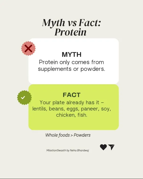 A common myth is that protein only comes from supplements. The fact is, your plate is already full of excellent protein sources like lentils, beans, eggs, paneer, and chicken. Whole foods are always better than powders.