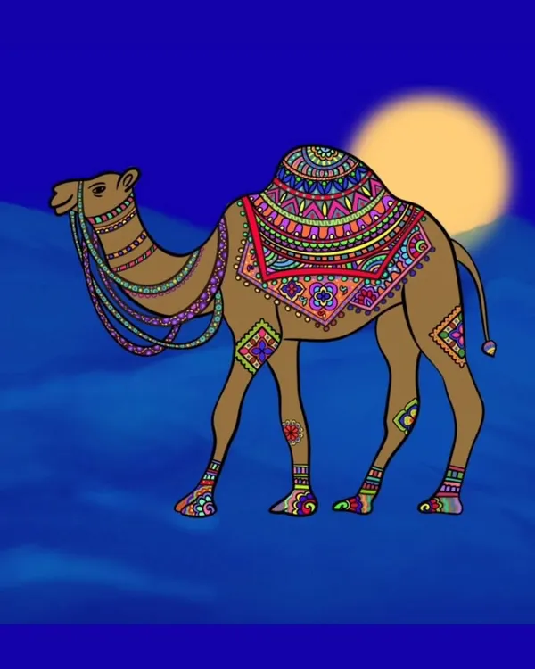 This royal camel is dressed in patterns inspired by the rich textile traditions of Kachchh. I wanted to capture the feeling of a desert festival, blending traditional embroidery motifs with a bold, modern color palette.