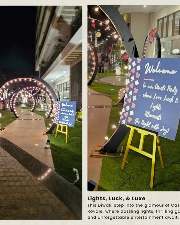 The guest experience begins at the entrance. For this casino-themed party, I created a welcoming pathway with twinkling light arches and a custom sign to set a glamorous and exciting tone for the evening.