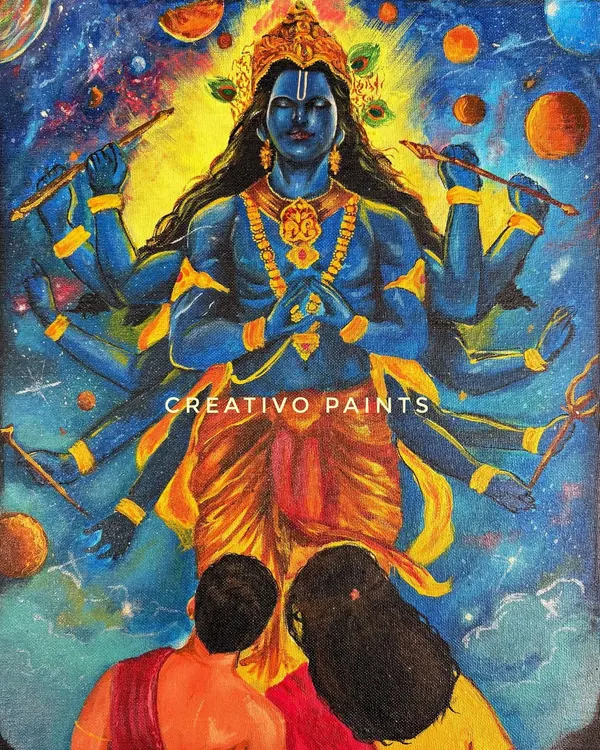 A close-up of my acrylic painting of Lord Vishnu's Vamana avatar. This shot highlights the vibrant colors and intricate details of the deity against a cosmic background.