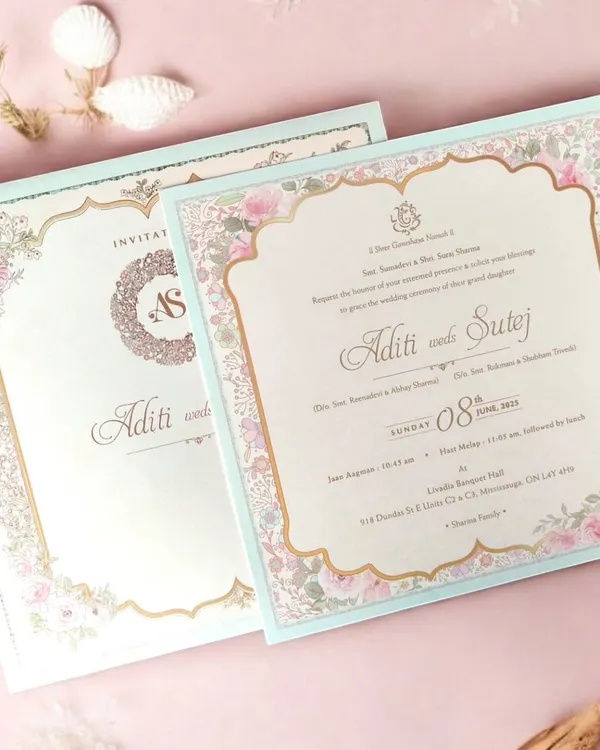 Romance in every detail. This pastel floral wedding invitation uses soft hues and timeless elegance, with delicate roses and luxe gold foiling setting the perfect tone for your special day.