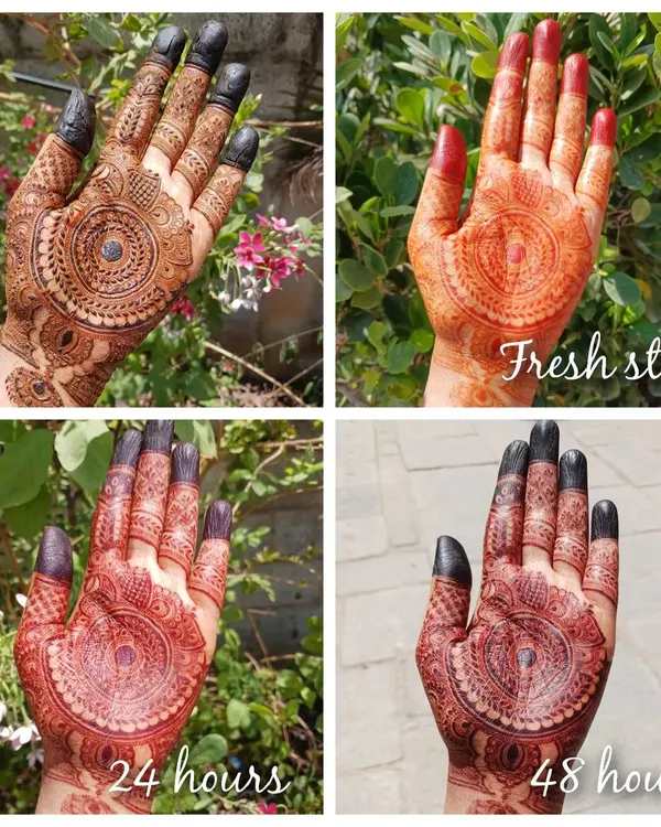 This collage perfectly captures the fascinating journey of a natural henna stain. You can see the color transform from fresh to a mature 48 hour stain, all thanks to pure ingredients.